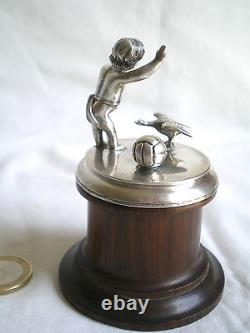 Small Old Sculpture On Socle Child And Goose In Silver Massive