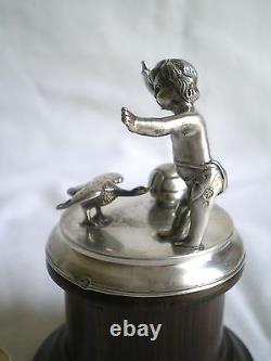 Small Old Sculpture On Socle Child And Goose In Silver Massive