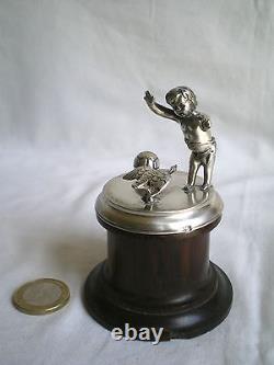 Small Old Sculpture On Socle Child And Goose In Silver Massive