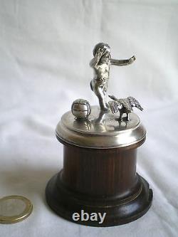 Small Old Sculpture On Socle Child And Goose In Silver Massive