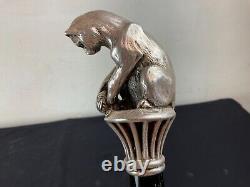 Solid Silver Antique Cane with Art Nouveau Cat Handle Wildlife Decoration