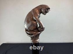 Solid Silver Antique Cane with Art Nouveau Cat Handle Wildlife Decoration