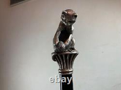 Solid Silver Antique Cane with Art Nouveau Cat Handle Wildlife Decoration