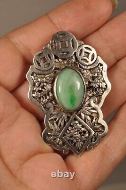 Solid Silver Chinese Antique Art Deco Jade Brooch