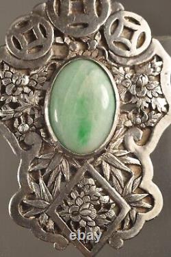 Solid Silver Chinese Antique Art Deco Jade Brooch