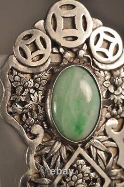 Solid Silver Chinese Antique Art Deco Jade Brooch