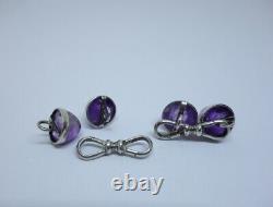 Solid Silver Cufflinks And Cabochons Amethysts, Ancient 1900s