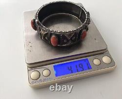 Solid Silver Ethnic Art Deco Vintage Old Coral Bracelet