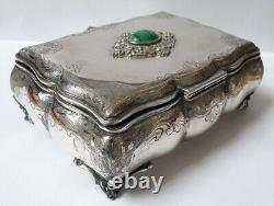 Solid Silver Jewellery Box - Vermeil - Old Silver Box Malachite