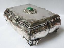 Solid Silver Jewellery Box - Vermeil - Old Silver Box Malachite