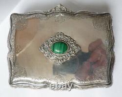 Solid Silver Jewellery Box - Vermeil - Old Silver Box Malachite