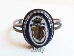 Solid Silver Ring + Enamel With Coat Of Arms Coat Of Arms Old Bijou Silver Ring