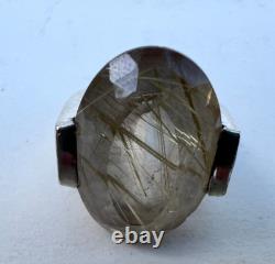 Solid Silver Ring with Rutile Quartz Inclusions Stone, Vintage Jewelry 1960-1970