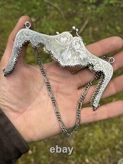 Solid Silver Turkish & Oriental Style Bag Mount & Inlays & Antique