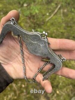 Solid Silver Turkish & Oriental Style Bag Mount & Inlays & Antique