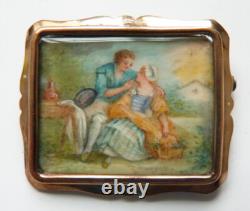 Solid silver brooch with miniature painting, antique jewelry