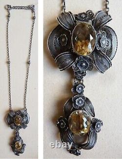 Solid silver filigree citrine antique jewelry necklace circa 1900