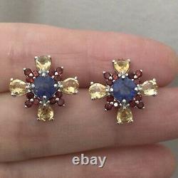 Splendid Old Sapphire Earrings, Grenat, Citrine, Silver White Gold