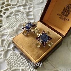 Splendid Old Sapphire Earrings, Grenat, Citrine, Silver White Gold