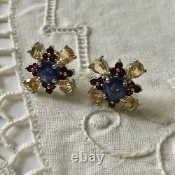 Splendid Old Sapphire Earrings, Grenat, Citrine, Silver White Gold