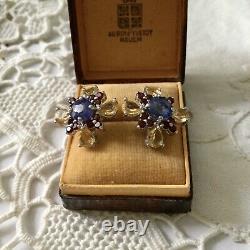 Splendid Old Sapphire Earrings, Grenat, Citrine, Silver White Gold