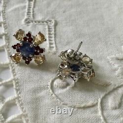 Splendid Old Sapphire Earrings, Grenat, Citrine, Silver White Gold