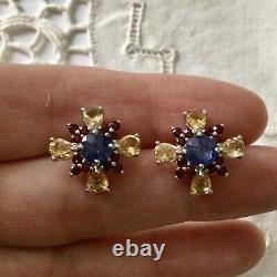 Splendid Old Sapphire Earrings, Grenat, Citrine, Silver White Gold