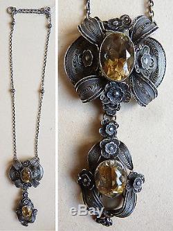 Sterling Silver Filigree Pendant Necklace And Antique Jewel Citrine Circa 1900
