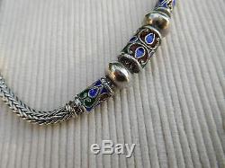 Sterling Silver Necklace Old Vintage Knit Braid Email Blue Red 45 Cms Ba08