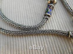 Sterling Silver Necklace Old Vintage Knit Braid Email Blue Red 45 Cms Ba08