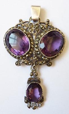 Sterling Silver Pendant And Amethysts + Marcasite Jewel Old 19th Century