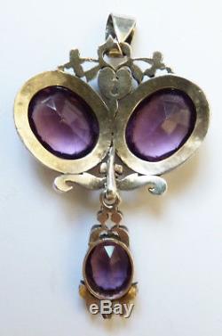 Sterling Silver Pendant And Amethysts + Marcasite Jewel Old 19th Century