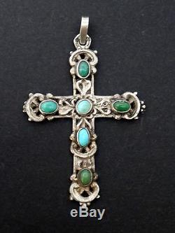 Stunning Old Silver Cross And Turquoise Cabochons