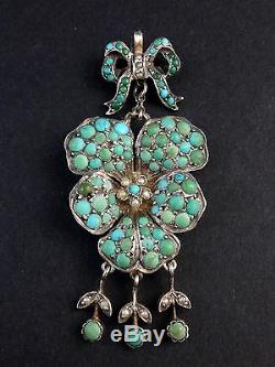 Stunning Old Sterling Silver Pendant And Cabochons Of Turquoise Flower Thought