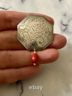 Sublime Antique Solid Silver Brooch with Genuine Red Coral Carvings