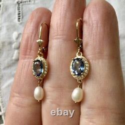 Sublime Old Earrings Blue Topaze Pearl Vermeil Silver
