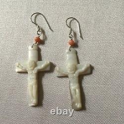 Sublime Old Mother Of Pearl Pillow Earrings, Coral, Massive Silver