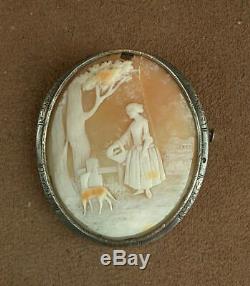 Super Pin Cameo Shell Old Woman & Dog Mount Sterling Silver Nineteenth