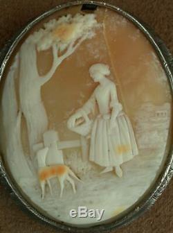 Super Pin Cameo Shell Old Woman & Dog Mount Sterling Silver Nineteenth