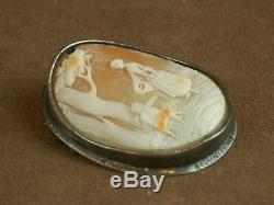 Super Pin Cameo Shell Old Woman & Dog Mount Sterling Silver Nineteenth