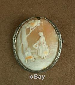 Super Pin Cameo Shell Old Woman & Dog Mount Sterling Silver Nineteenth