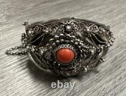 Superb Ancient Bracelet Silver Filigree and Coral