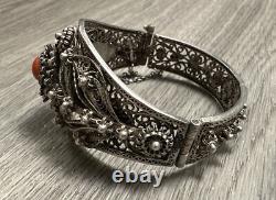 Superb Ancient Bracelet Silver Filigree and Coral