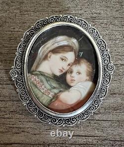 Superb Antique Brooch with Miniature Portrait of Virgin and Child in Solid Silver