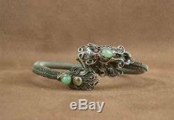 Superb Bracelet Ancient Dragon Silver Massive And Jade China Ndochine Beginning Xxth