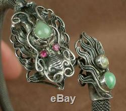 Superb Bracelet Ancient Dragon Silver Massive And Jade China Ndochine Beginning Xxth