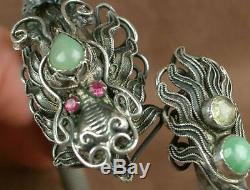 Superb Bracelet Ancient Dragon Silver Massive And Jade China Ndochine Beginning Xxth