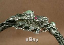 Superb Bracelet Ancient Dragon Silver Massive And Jade China Ndochine Beginning Xxth