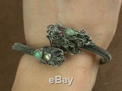 Superb Bracelet Ancient Dragon Silver Massive And Jade China Ndochine Beginning Xxth