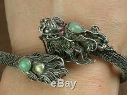 Superb Bracelet Ancient Dragon Silver Massive And Jade China Ndochine Beginning Xxth